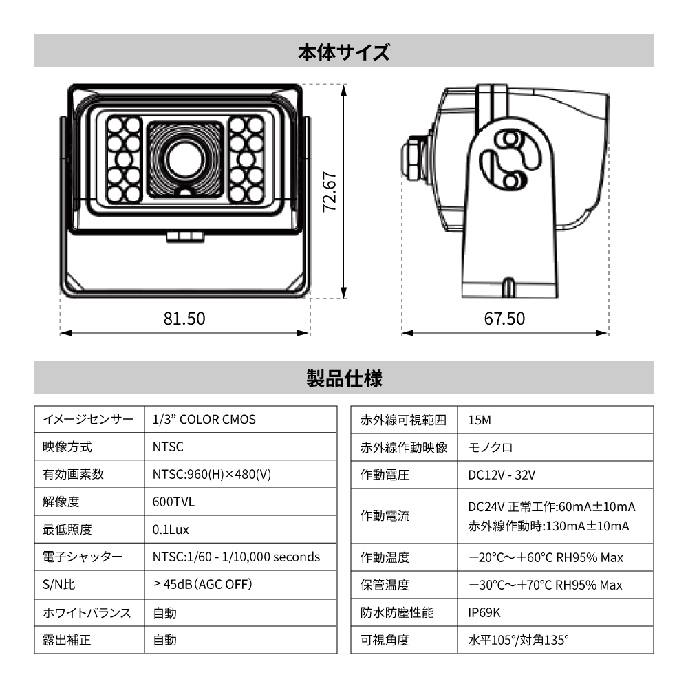 ジェットイノウエ(JET INOUE) 12/24V バックカメラ 防水ジャック仕様 30mトレーラー車用